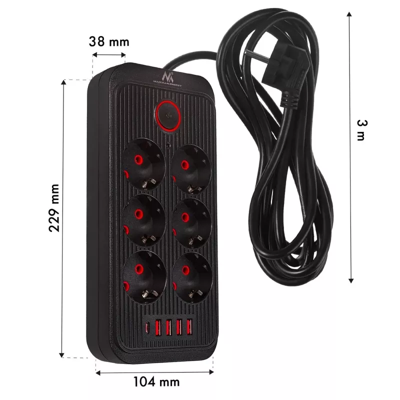 Maclean MCE391 B ilginimo lizdas – 6 kištukiniai lizdai, 4×USB-A + 1×USB-C, 110–240V, 2500W, 3 m laidas, juodas