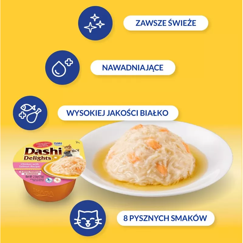 Šlapi skanėstai katėms INABA Dashi Delights vištiena su lašiša sultinyje 70 g
