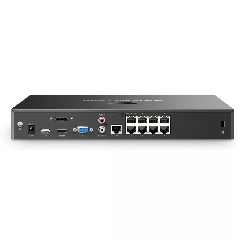 Tinklinis vaizdo registratorius TP-Link VIGI NVR2008H-8MP-2TB — 8 kanalų, 4K (3840×2160), 2 TB SATA kietasis diskas, 9× RJ-45, juodas