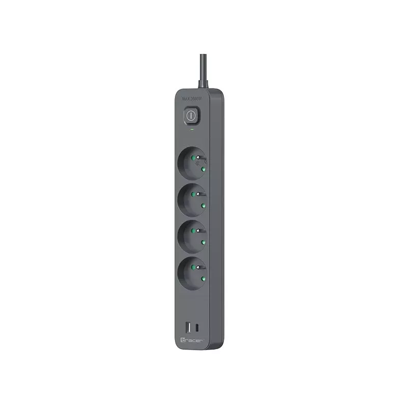 TRACER TRALIS47026 apsauginis ilgintuvas su 4 USB prievadais ir PD 18W, 1,5 m laidas