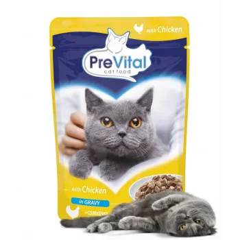 Šlapias kačių ėdalas PREVITAL Vištiena drebučiuose – 100 g pakelis, suaugusioms katėms