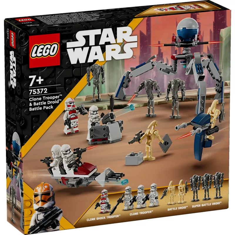 LEGO Star Wars Clone Trooper & Battle Droid Battle Pack – žaislų rinkinys su greičio dviračiu, 4 minifigūrėlėmis ir 5 figūrėlėmis, dovana berniukams