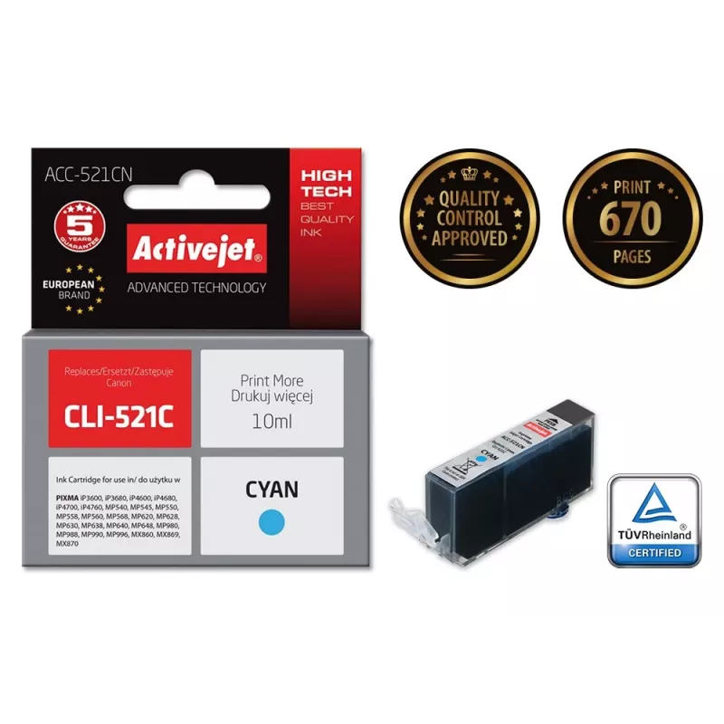 Activejet ACC-521CN rašalas, pakaitalas Canon CLI-521C, Supreme, 10 ml, žydras