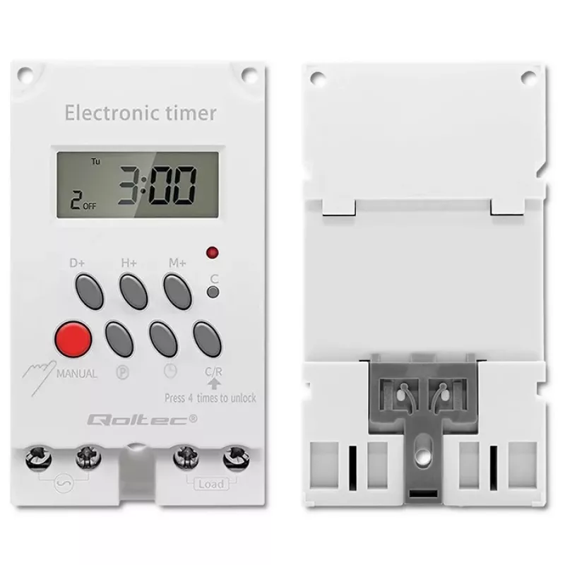 DIN bėgelio elektroninis laikmatis QOLTEC PC0629 — 24V maitinimas, 16A išėjimas