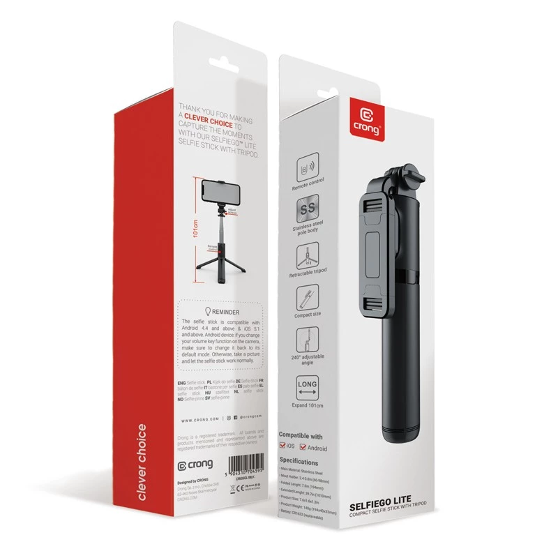 SelfieGo kompaktiška selfie lazdelė Bluetooth trikojis (20-101 cm) Crong CRGSGL1B