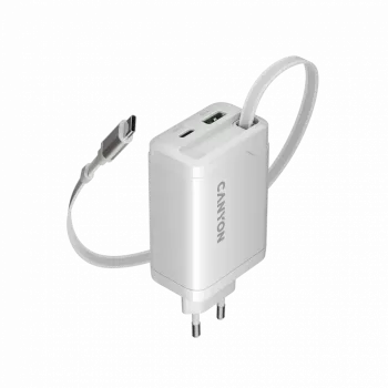 CANYON įkroviklis OnCharge 65RC su integruotu USB-C laidu 65W, 1x PD, 1x QC, EU kištukas, Baltas