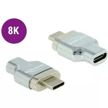 DeLOCK adapteris iš USB-C (kištukas) magnetinis į USB-C (lizdas) – USB 3.2 Gen 2 / Thunderbolt 3, 4,5 A, 8K palaikymas, sidabrinis (66433)