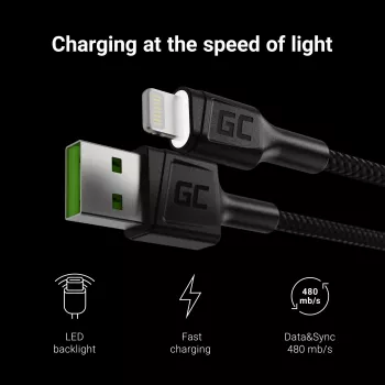 Green Cell KABGC05 laidas su Lightning jungtimi 1,2 m Juoda