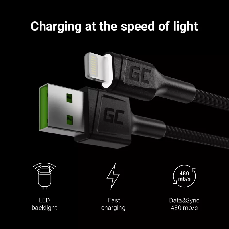 Green Cell KABGC05 laidas su Lightning jungtimi 1,2 m Juoda