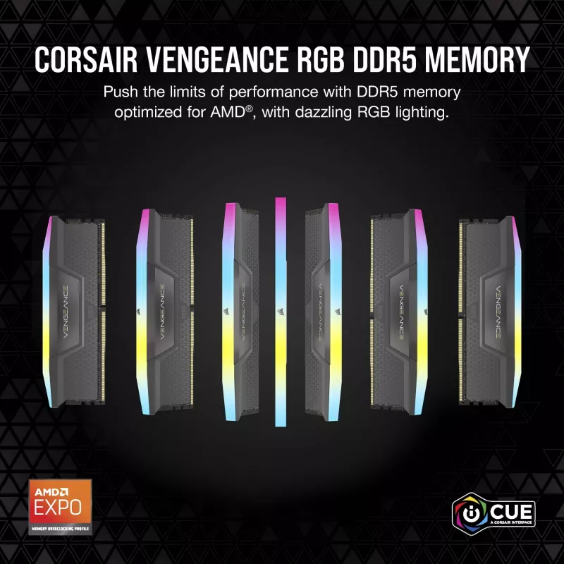 CORSAIR VENGEANCE RGB 32GB 2x16GB DDR5 6000MT/s DIMM Unbuffered 36-44-44-96 Std PMIC AMD EXPO Grey Heatspreader Black PCB 1.4V