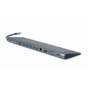 Gembird A-CM-COMBO9-01 USB Type-C 9-in-1 kelių prievadų adapteris (USB centras + HDMI + VGA + PD + kortelių skaitytuvas + LAN + 3,5 mm garsas), kosminė pilka