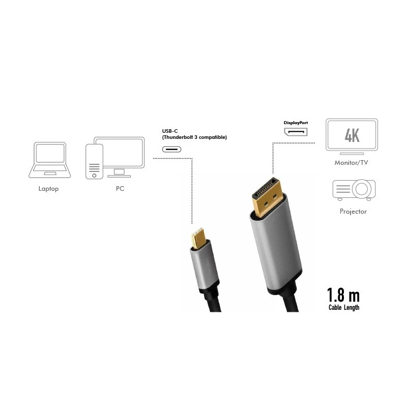LogiLink CUA0100 Laidinio keitiklio adapteris DisplayPort USB 3.2 Gen1 Type-C 1,8 m juoda pilka