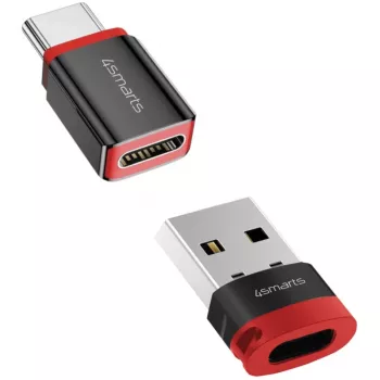 USB adapteris 4smarts 541615 — USB Type-A (šeimininkas) į USB Type-C (išėjimas), juodas, tiesus kištukas-lizdas, 2 vnt. pakuotė
