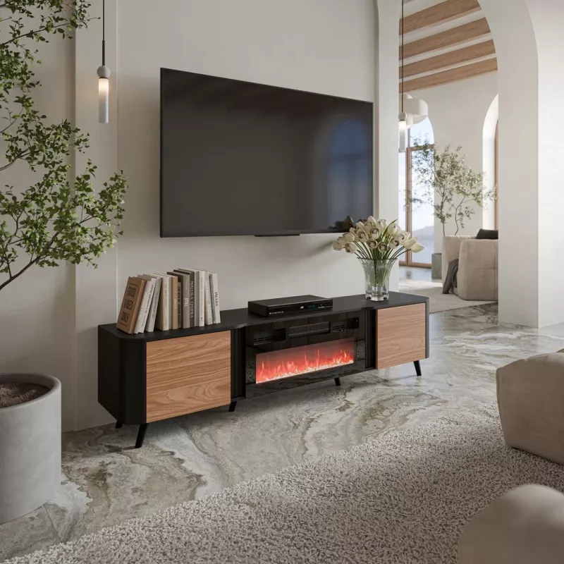 TV spintelė Cama Meble Volare 200 x 39 x 49 cm juoda/riešutas su židiniu