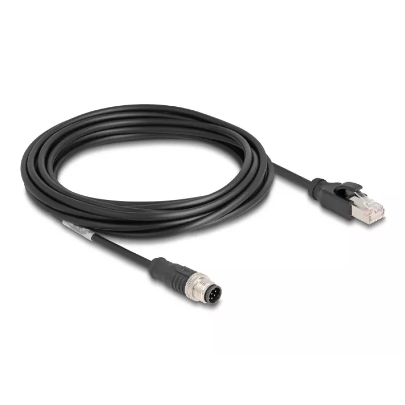 Tinklo kabelis DeLOCK M12 A-koduotas 8 kontaktų kištukas į RJ45 kištuką Cat5e 5 m juodas