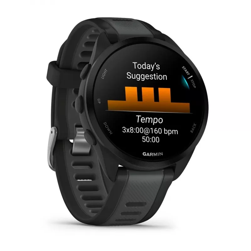 Garmin Forerunner 165 Music – juodas sportinis laikrodis su silikoniniu dirželiu, pilkai šiferio spalvos, 1,2 colio ekranas, 126–203 mm riešo apimtis (010-02863-30)
