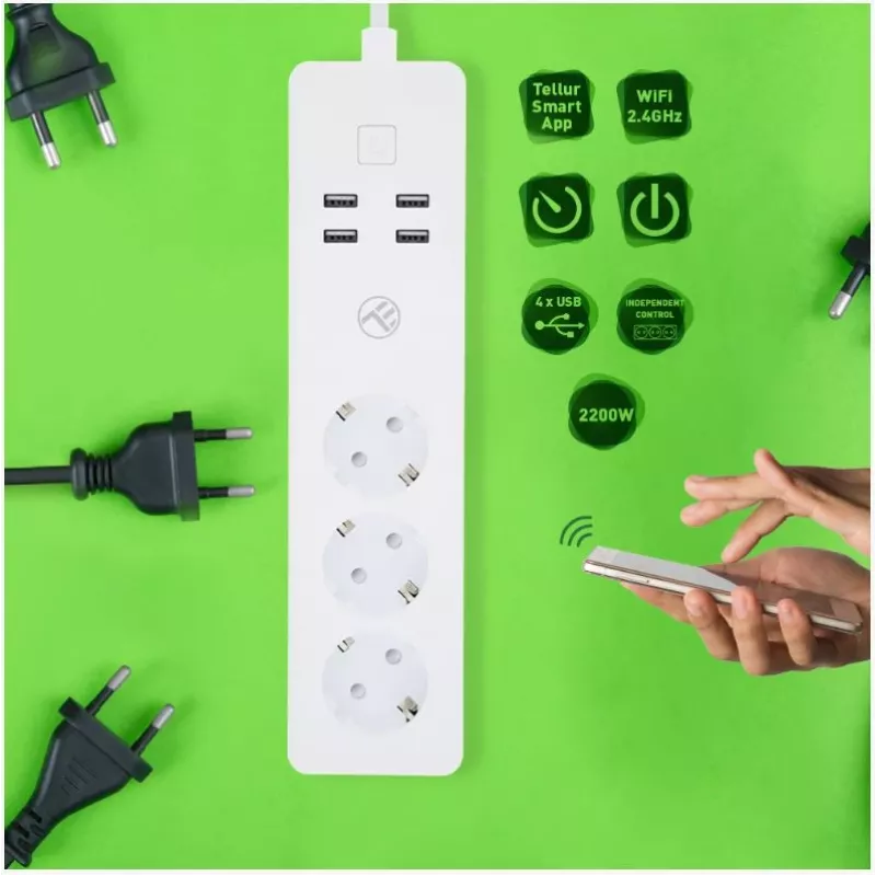Tellur išmanusis WiFi maitinimo blokas su 3 kištukiniais lizdais ir 4 USB prievadais (4 A)
