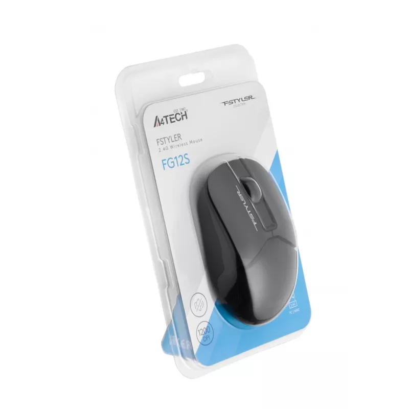 Belaidė optinė pelė A4Tech FM12S Juoda – 1200 DPI, RF nano imtuvas, 3 mygtukai, AA baterija