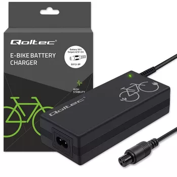E-dviračio įkroviklis QOLTEC 36V–42V 2A su GX12 3 kontaktų jungtimi