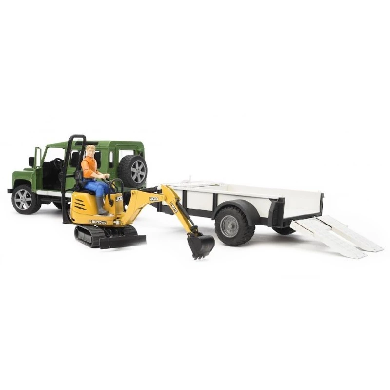 Žaislinis automobilis BRUDER Land Rover Defender su priekaba ir ekskavatoriumi JCB 8010 CTS