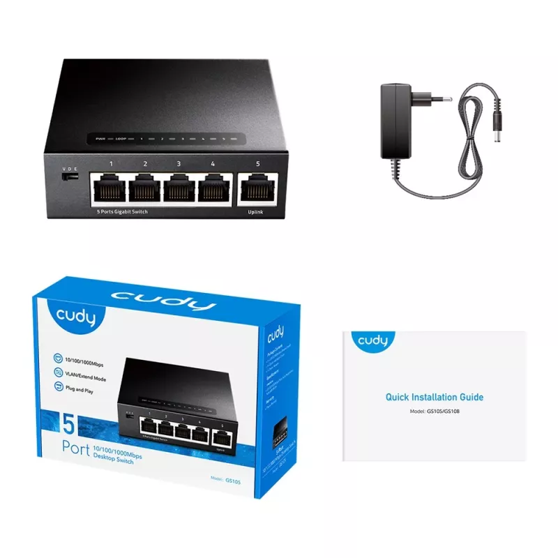 Tinklo jungiklis Cudy GS105 – 5 prievadų Gigabit Ethernet (10/100/1000), juodos spalvos, su 5 V DC maitinimo šaltiniu