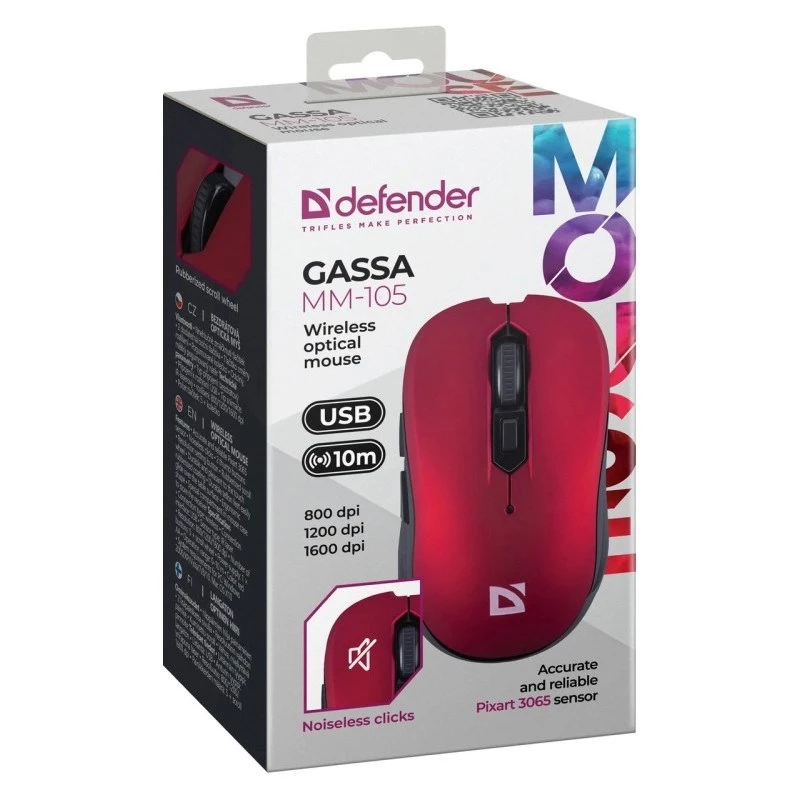 Belaidė RF tylioji pelė DEFENDER Gassa MM-105 – ambidekstrinė, 1600 DPI, 2,4 GHz, nano USB imtuvas