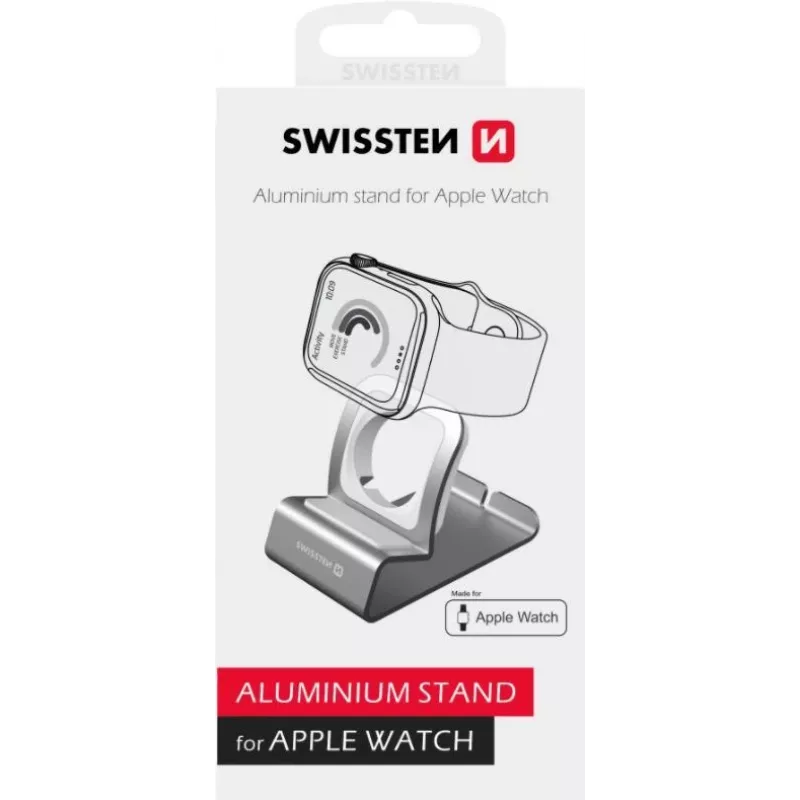 Aliumininis stovas SWISSTEN 25005100 Apple Watch laikikliui su magnetiniu įkrovikliu, sidabrinis