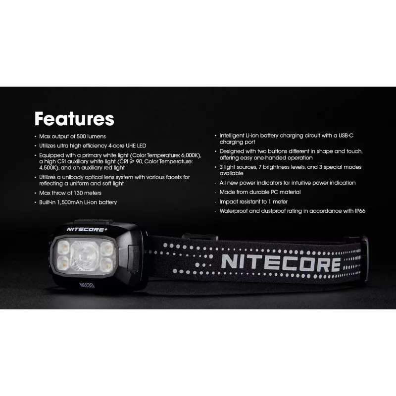 Nitecore NU30 – LED galvos žibintas 500 liumenų, USB įkrovimas, raudona šviesa