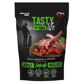 Šlapias šunų ėdalas BIOFEED Tasty Life ėriena 90% 500 g pakelis suaugusiems šunims, pilnavertis pašaras, be sojos ir cukraus