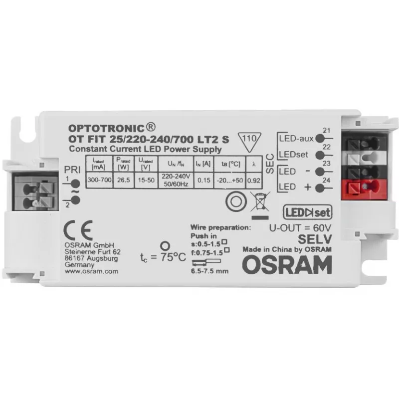 Osram OT FIT 25/220…240/700 LT2 S LED tvarkyklė - 4,5 W - 100000 h - -20 - 50 °C - 198 - 264 V - 50/60 Hz - 13 A
