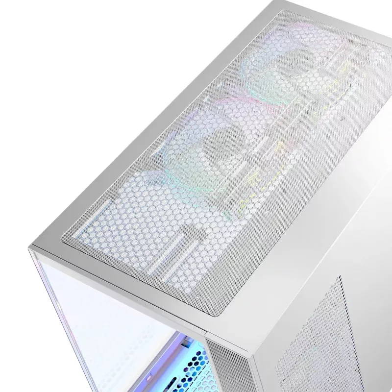 PC korpusas MODECOM Volcano Panorama Midi Tower baltas – micro ATX, grūdintas stiklas, ARGB, USB-C, palaiko GPU iki 400 mm