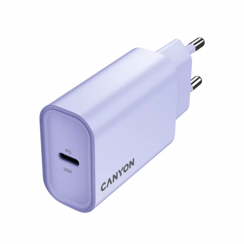 Sieninis įkroviklis CANYON OnCharge 30CL, 30W USB-C PD, 1x PD išėjimas, EU kištukas, Violetinė
