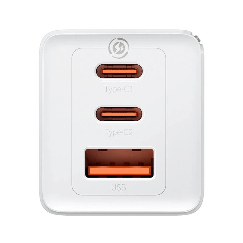 Sieninis įkroviklis Baseus GaN5 Pro 65W — USB + 2×USB-C (QC3.0, PD3.0) su 1 m USB-C laidu, baltas