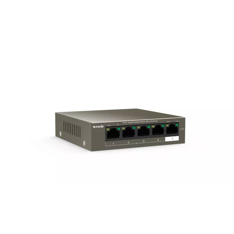Tinklo jungiklis TENDA TEG1105P-4-63W-EU, 5x Gigabit RJ-45, 4x PoE (57,8 W bendra galia), 10 Gbit/s perjungimas
