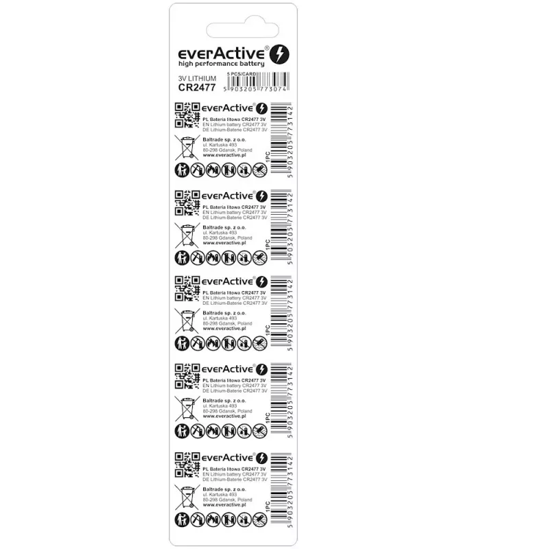 Ličio baterija everActive CR2477 - lizdinė pakuotė 5 vnt.