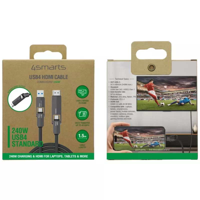 USB4–HDMI laidas 4smarts ComboCord 240W 1,5 m