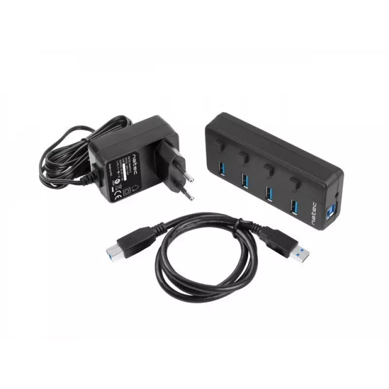 USB šakotuvas NATEC MANTIS USB 2.0 Type-B — 4x USB 3.2 Gen 1 Type-A, juodas, 0,8 m laidas, maitinimo adapteris, maitinimo jungiklis