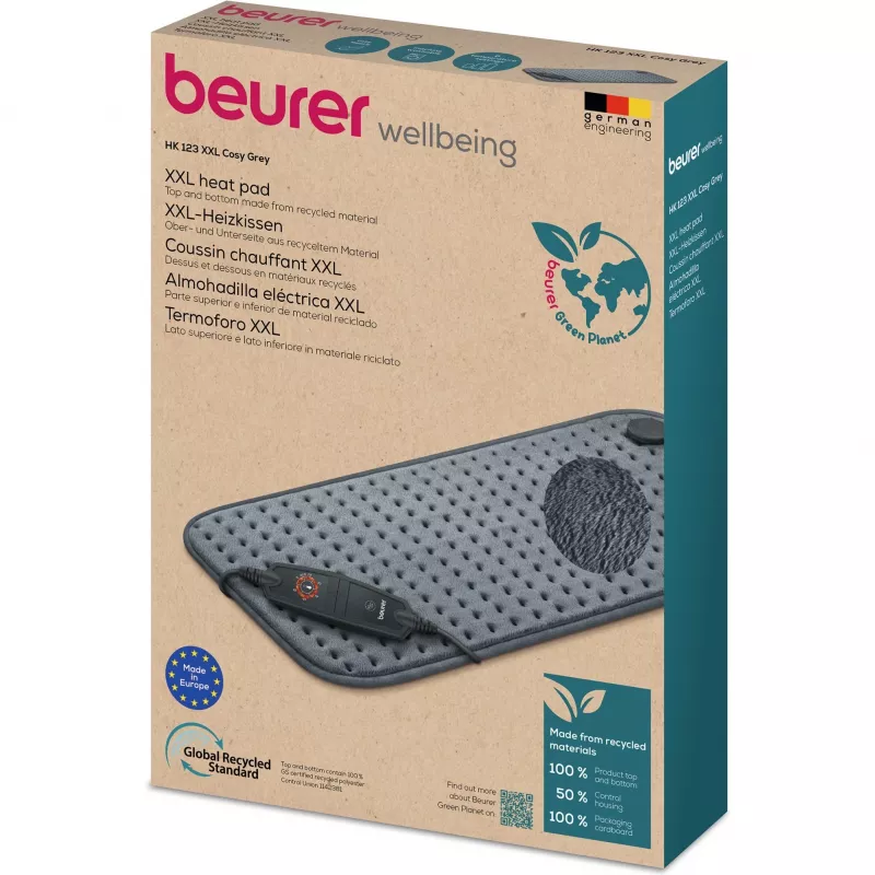 Kaitinimo pagalvėlė Beurer HK 123 XXL Cosy Grey Green Planet 60x30cm, 6 lygiai, automatinis išsijungimas