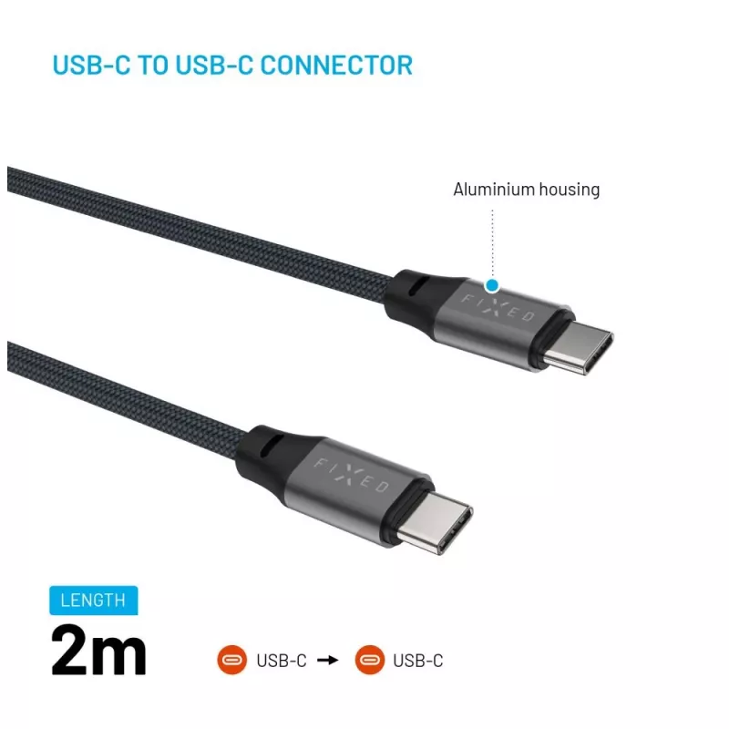 Magnetinis pintas USB-C į USB-C laidas FIXED FIXDBM-CC2-GR, USB 2.0, pinta izoliacija, fiksuoto ilgio, pilkas