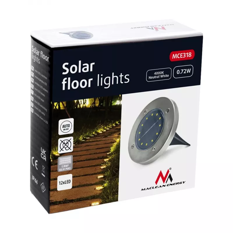 Maclean MCE318 LED saulės energijos takų šviestuvas su smaigaliu, 12 LED SMD, neutrali balta 4000K, 0,7 W, IP44