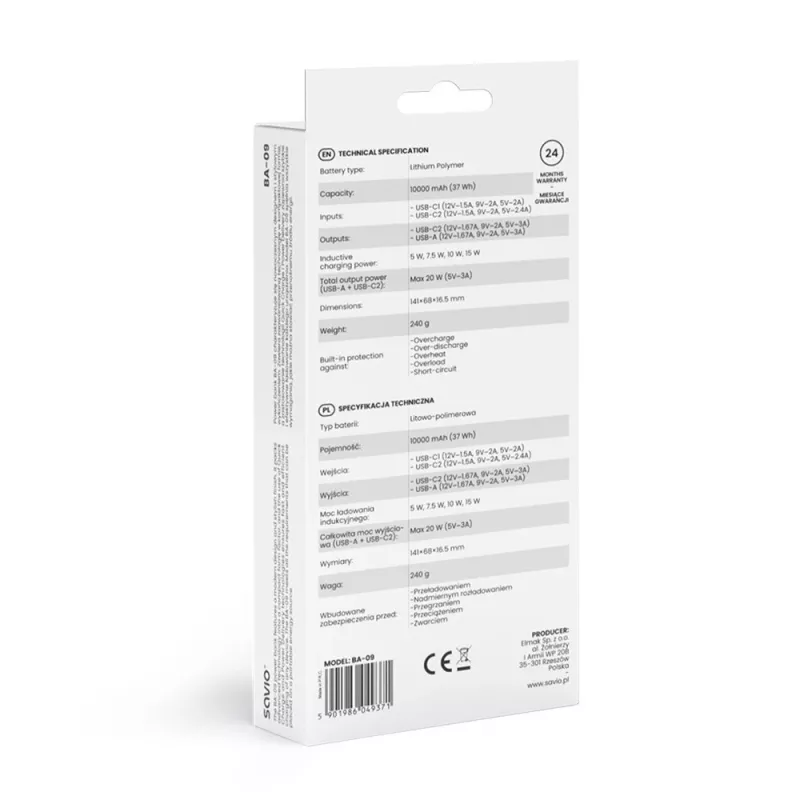 Savio BA-09 nešiojamas maitinimo blokas LiPo 10000 mAh belaidžiu įkrovimu juoda