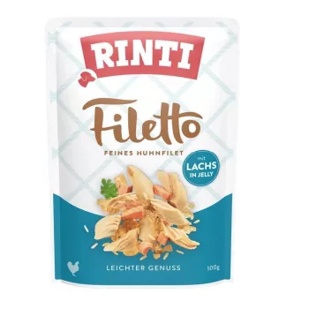 Šlapias šunų ėdalas RINTI Filetto vištienos filė su lašiša 100 g pakelis, pilnavertis suaugusių šunų ėdalas, 82% drėgmės, 14% baltymų