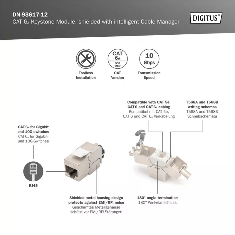 Digitus Cat.6A ekranuotas Keystone modulis su išmaniuoju kabelių tvarkytuvu, 12 vnt., sidabrinis