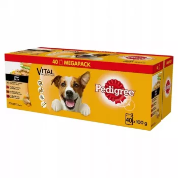 Šlapias šunų maistas Pedigree Vital Protection padaže 100 g pakeliai, pakuotė po 40 vnt., suaugusiems šunims, vištienos skonio, 82,5 % drėgmės