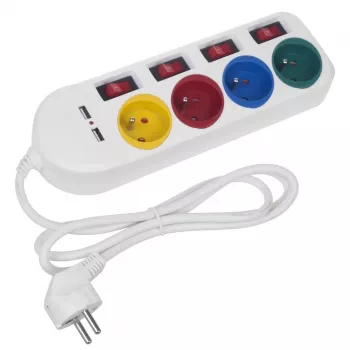 Maclean MCE229W ilgintuvas – 4 kištukiniai lizdai, 2× USB, 1,5 m laidas, baltas