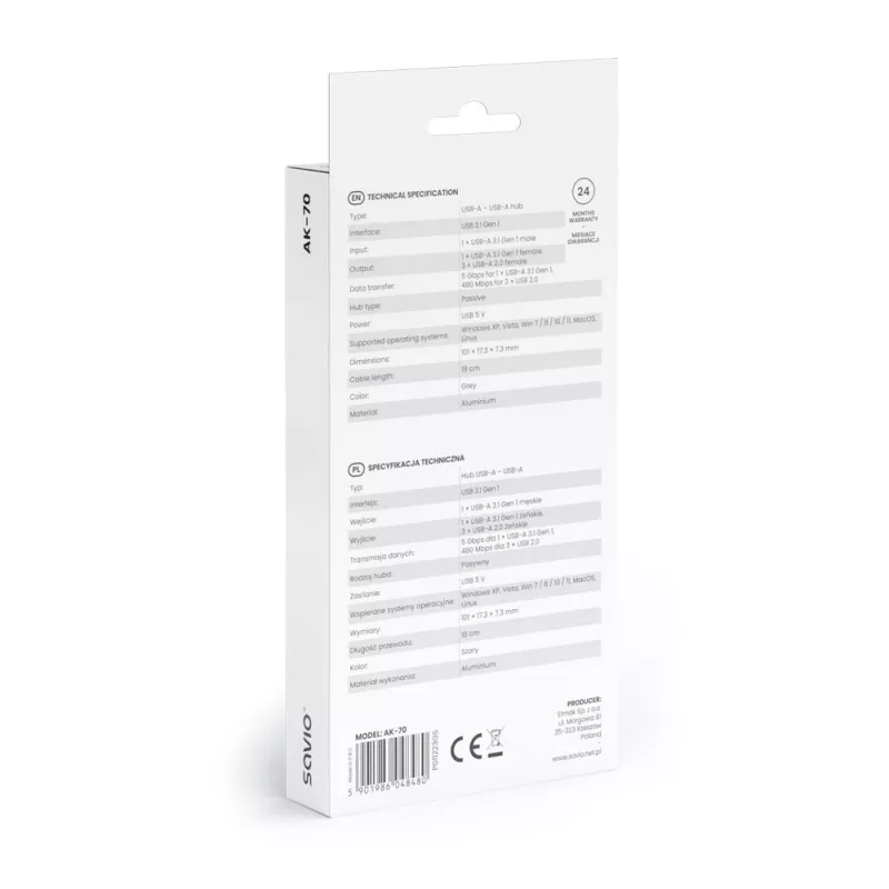 USB šakotuvas SAVIO AK-70, 4 prievadai (1× USB 3.0 + 3× USB 2.0), 5 Gbit/s