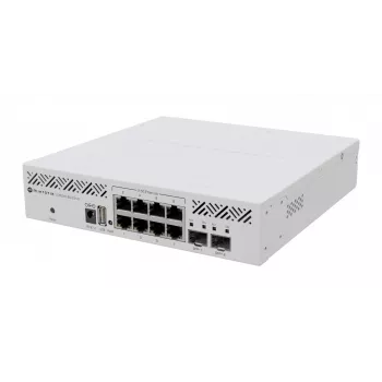 Valdomas L3 jungiklis MikroTik CRS310-8G+2S+IN — 8× 2.5G RJ-45, 2× SFP+, PoE, 1U stovo montavimui, baltas