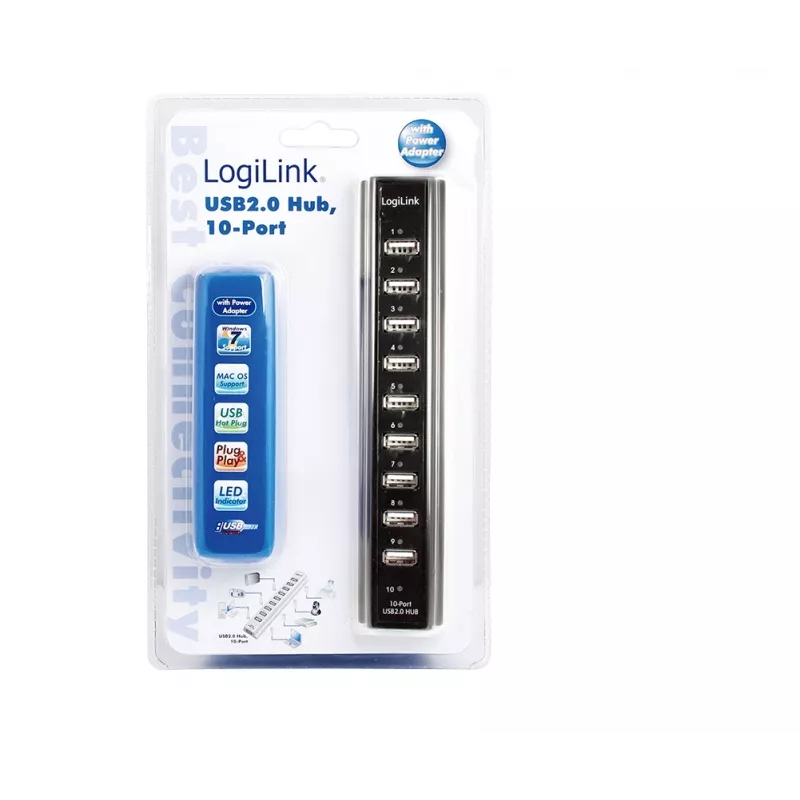 LogiLink UA0096 USB 2.0 šakotuvas, 10 prievadų, 480 Mbit/s, juodas