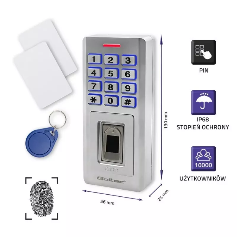 Pirštų atspaudų ir RFID kodų spyna QOLTEC 52447 su IP68 apsauga