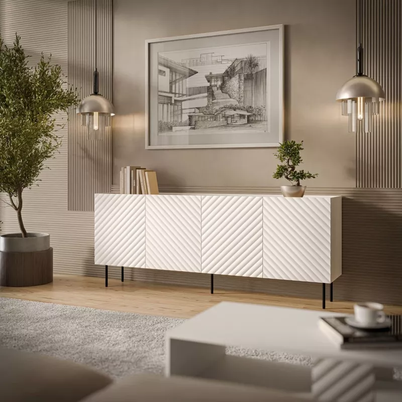 Komoda Cama LUCCA 4D, 200x40x80 cm, balta, medžio drožlių plokštė, 16 mm korpusas